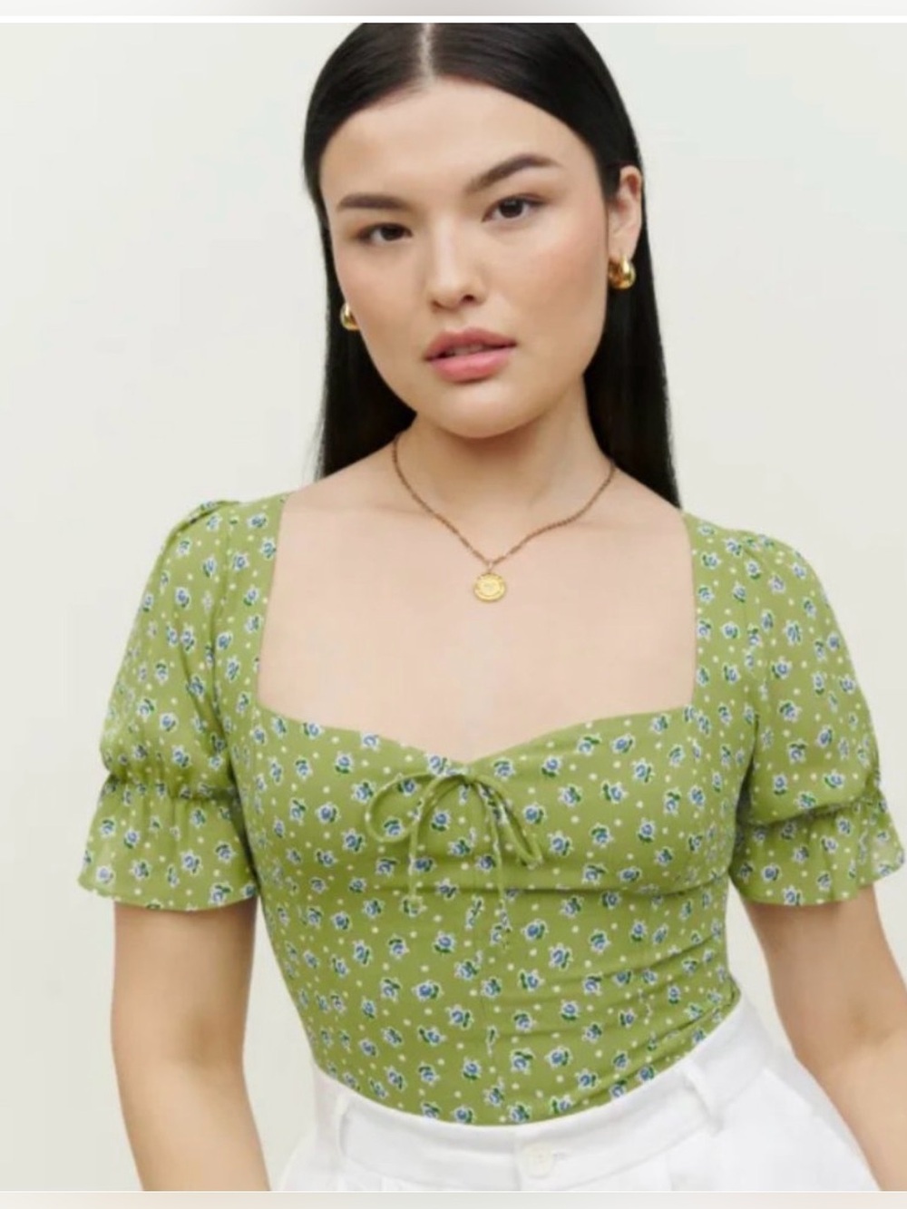 Reformation Green with Blue Flowers Delevan Top Size 12 Ruffle Baby Doll Viscose